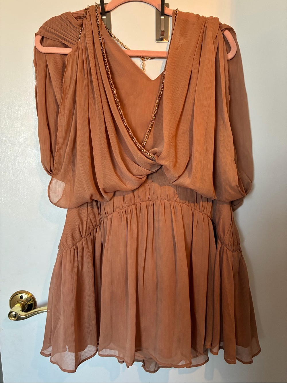 DO+BE Rust Brown Draped Chiffon Mini Dress with Chain Detail
